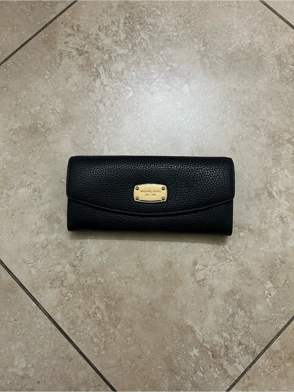 Michael Kors Black Pebbled Leather Wallet with Gold Plate